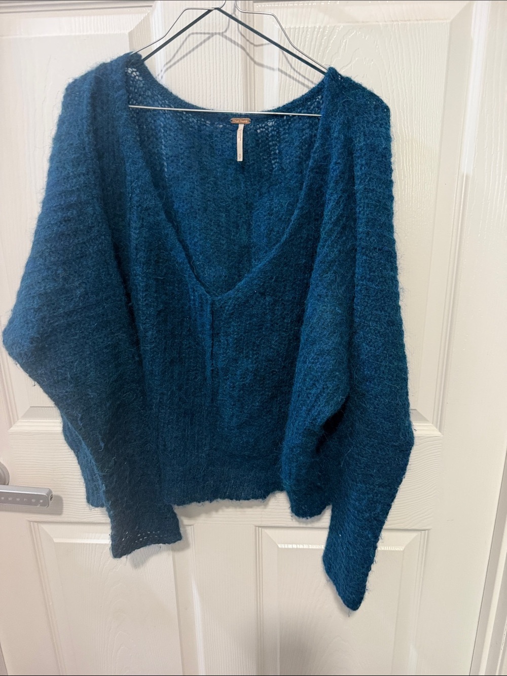 Free People Teal V-Neck Fuzzy Knit Sweater